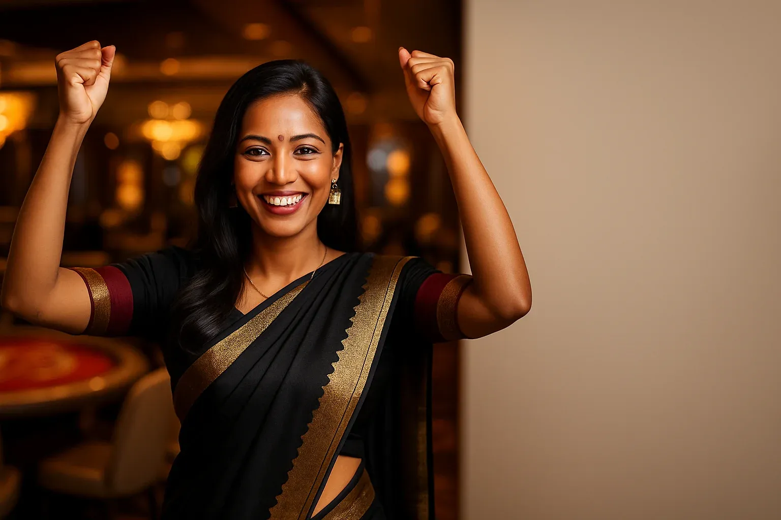 Confident Bangladeshi woman in elegant gold-accented saree celebrating in casino lounge
