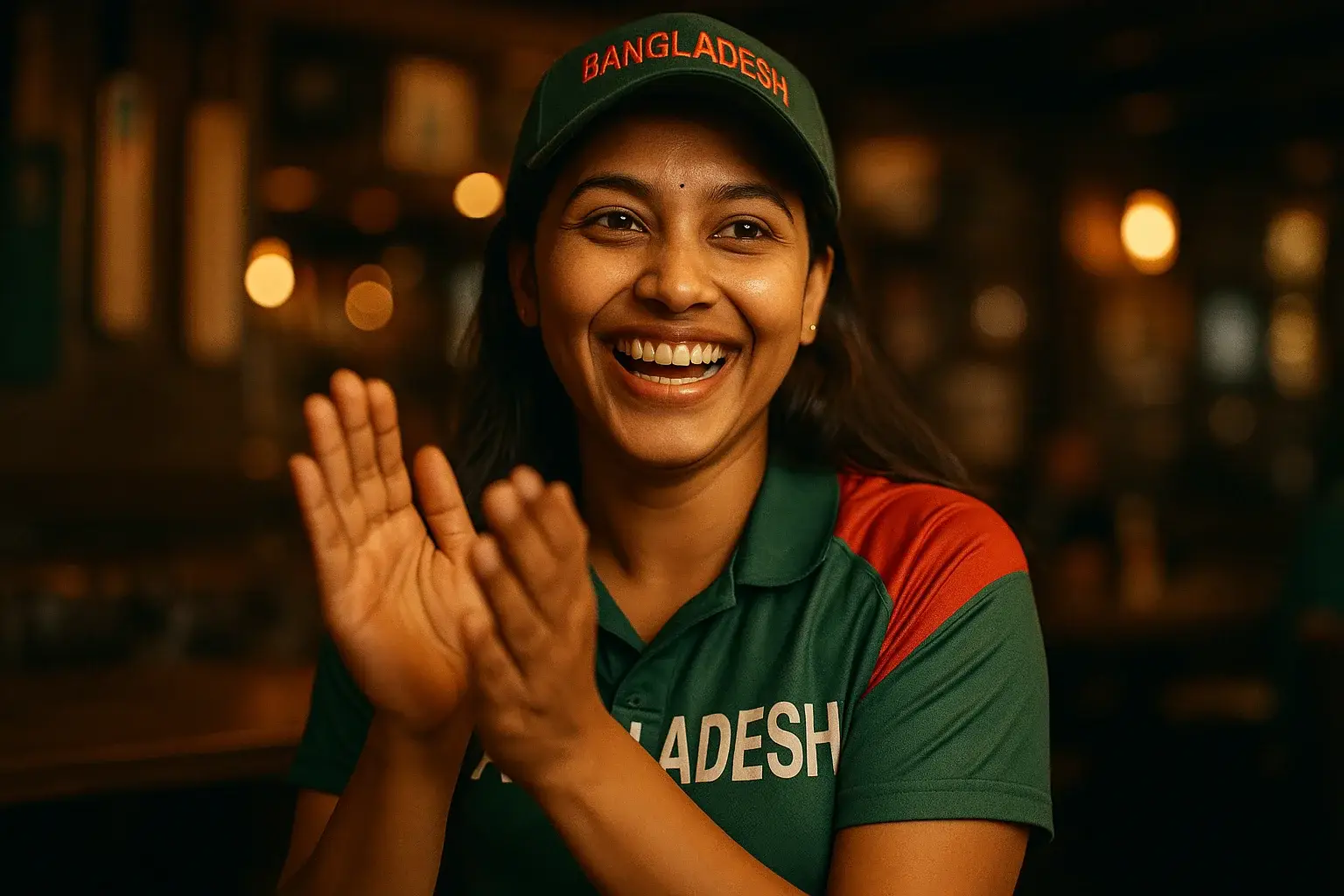 Happy Bangladeshi woman in cricket fan attire clapping in sports bar