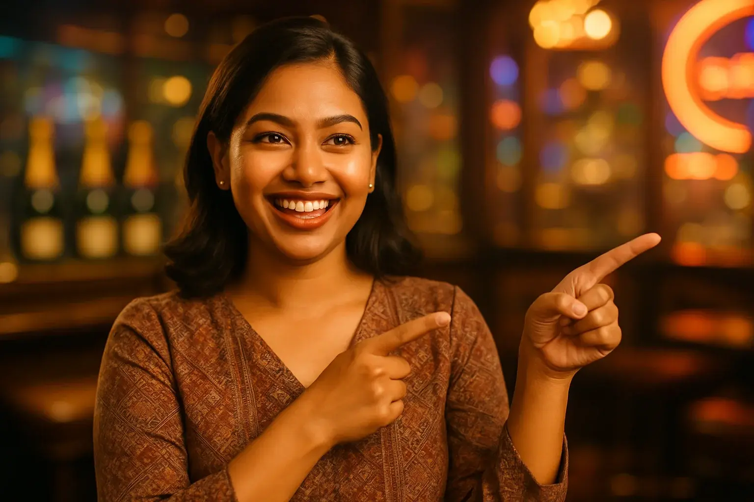 Happy Bangladeshi woman pointing at win in blurred casino bar background