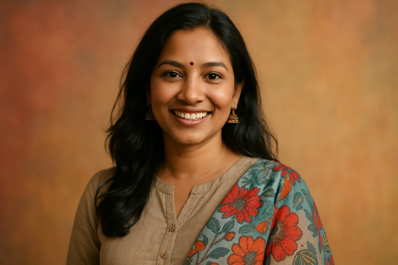 High-resolution portrait of happy Bangladeshi woman in modern fusion wear