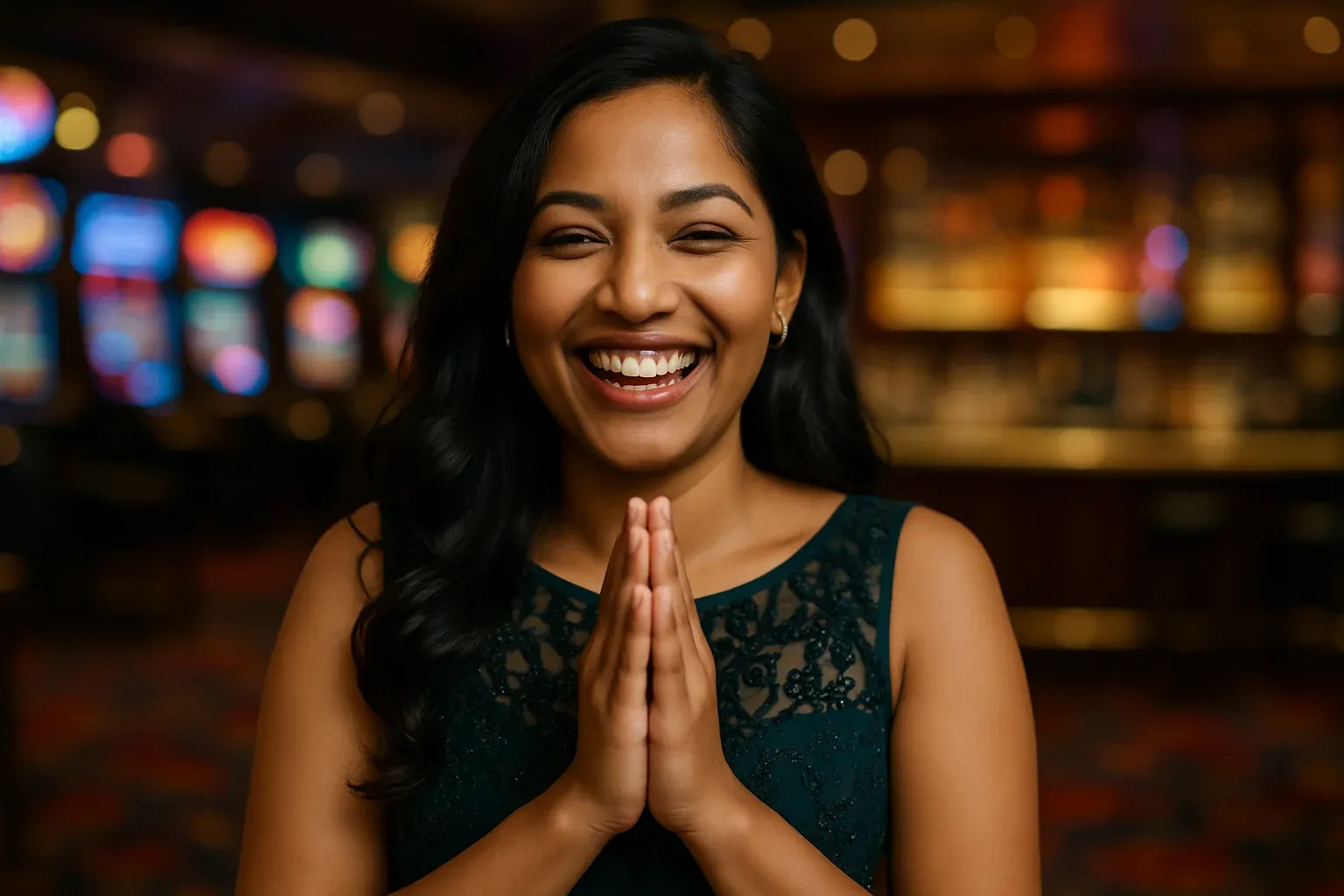 Joyful Bangladeshi woman in evening dress celebrating at blurred casino bar