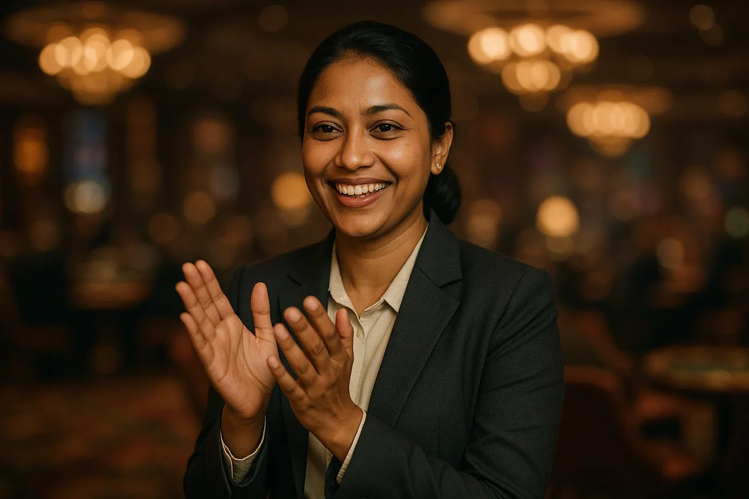 Sophisticated Bangladeshi woman in business attire clapping in casino lounge